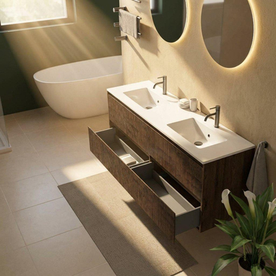 Saniclass Holz Atelier Ensemble de meubles de salle de bains - 160x45x62cm - Vygo lavabo en céramique blanc - 2 vasques - 2 trous de robinet - 4 tiroirs - chêne charcoal mat (bois)