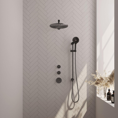 Brauer Gunmetal Edition Douche pluie thermostatique avec pommeau 30cm et bras mural 40cm et douchette Rond 3 jet flexible lisse avec coude mural Gunmetal brossé PVD