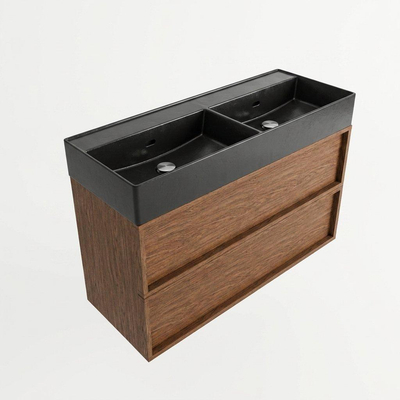 Saniclass Holz Frame Ensemble meuble de salle de bains - 120x45x72cm - Lavabo Legend en céramique noir mat - 2 vasques - sans trous de robinet - 2 tiroirs - walnut pure mat (bois)