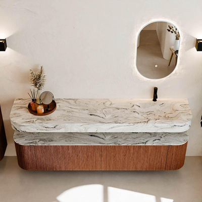 MONDIAZ THOR-DLUX 200cm meuble de salle de bains arrondi gauche + droite couleur Ruby avec 2 tiroirs et 2 portes. Vasque suspendue CLOUD Droite 1 trou de robinet couleur Glace.