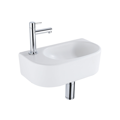 QeramiQ Fuente Fonteinset - 40x21.5x12cm - links - glad - halfrond - 1 kraangat - keramiek - fonteinkraan chroom - afvoerplug - verlaagd sifon - wit mat