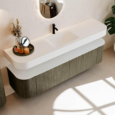 MONDIAZ THOR 180cm meuble de salle de bains arrondi gauche + droite couleur Shadow avec 2 tiroirs et 2 portes. Vasque suspendue CLOUD Milieu 1 trou de robinet couleur Talc.