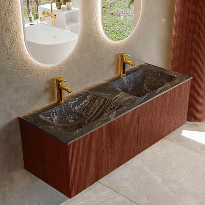Mondiaz KURVE-DLUX Badkamermeubelset - 130x46x40cm - 2 lade - wastafel solid surface - dubbel - 2 kraangaten - Ruby