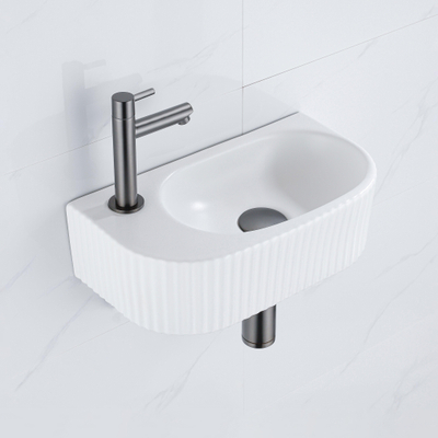 QeramiQ Fuente Ensemble de Lavabo - 40x21.5x12cm - gauche - strié - demi-rond - 1 trou de robinet - céramique - ensemble de robinet gunmetal - bouchon de vidange - siphon abaissé - blanc mat