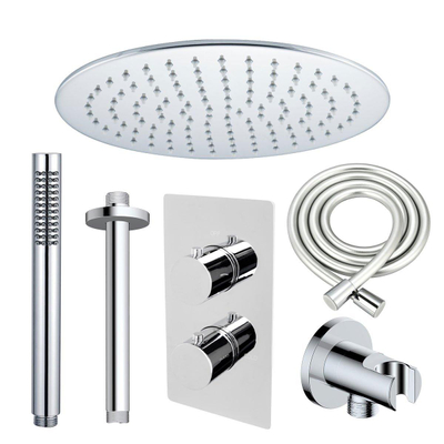 Fortifura Calvi Ensemble de douche pluie encastrable - thermostatique - bras plafond - pommeau 25cm - douchette stick - flexible en métal - Chrome