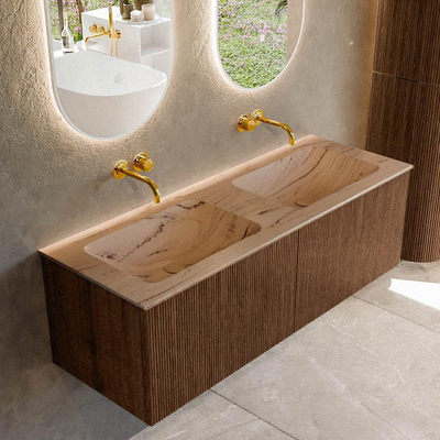 MONDIAZ KURVE-DLUX 130cm badmeubel kleur Walnut met 2 lades en 0 deuren. Wastafel LEAF Dubbel zonder kraangat Arena.