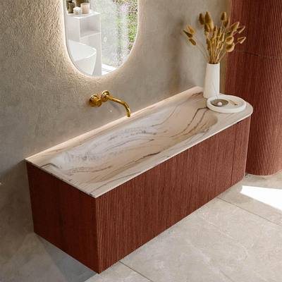 MONDIAZ KURVE-DLUX Meuble de salle de bains 125cm arrondi à droite couleur Ruby avec 1 tiroir et 1 porte. Lavabo BIG MEDIUM à gauche sans trou de robinet Nata.