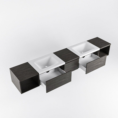 MONDIAZ BUKLA 240cm ensemble de meuble avec module ouvert 40 L+R couleur Marron foncé avec 3 tiroirs. Lavabo CLOUD double 2 trous de robinet couleur Talc.