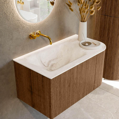 MONDIAZ KURVE-DLUX 85cm Meuble salle de bain avec module 25 D - couleur Walnut - 1 tiroir - 1 porte - vasque CLOUD gauche - sans trou de robinet - couleur Frappe