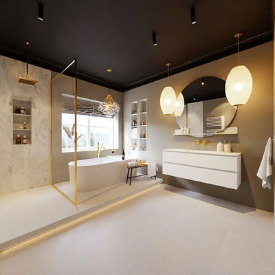 MONDIAZ VICA-DLUX Ensemble meuble de salle de bains - 130cm - meuble bas Talc - 2 tiroirs - vasque à encastrer Cloud centrale - sans trous de robinet - version haute 60cm - Opalo