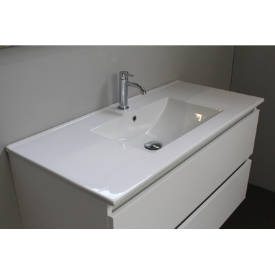 Basic Bella Meuble salle de bains avec lavabo céramique avec miroir et éclairage Blanc 100x55x46cm 1 trou de robinet Blanc brillant