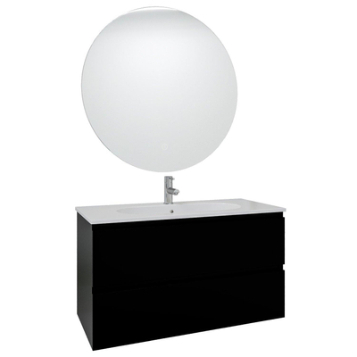 Saniclass Chaci Ensemble meuble de salle de bains - 100x46x55cm - lavabo en céramique blanc - 1 vasque ovale - 1 trou de robinet - 2 tiroirs - miroir rond avec éclairage - noir mat
