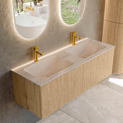 MONDIAZ KURVE-DLUX Meuble de salle de bains 130cm couleur Oak avec 2 tiroirs et 0 porte. Lavabo LEAF Double 2 trous de robinet Meli.