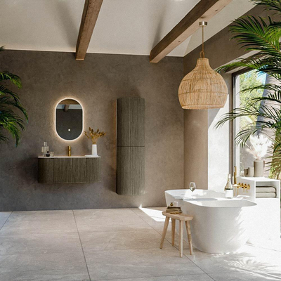 MONDIAZ KURVE-DLUX Meuble de salle de bains 100cm arrondi Gauche + Droite couleur Shadow avec 1 tiroir et 2 portes. Lavabo GRUNNE Central 1 trou de robinet Nata.