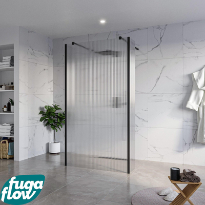FugaFlow Eccelente Vetro Douche à l'italienne - 110x200cm - verre clair nervuré - anticalcaire - verre de sécurité 8mm - 2 parois latérales 40cm - avec bras muraux et profilés d'angle - Noir mat
