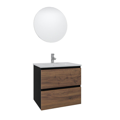 Adema Industrial 2.0 Ensemble de meuble 60x45x55cm avec vasque blanche en céramique 1 trou de robinet avec trop-plein et miroir bois/noir