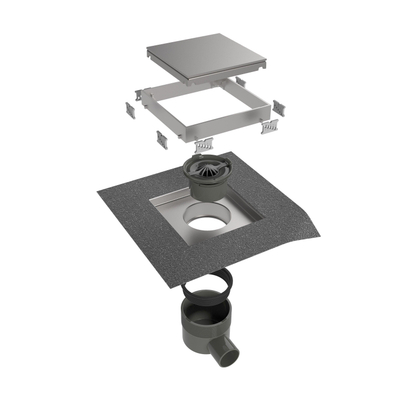 Easy Drain AquaJewels Quattro Zero brossé 10x10cm avec sortie latérale siphon de sol 50mm garde d'eau 30/35/50mm inox AJQ 10X10 ZM