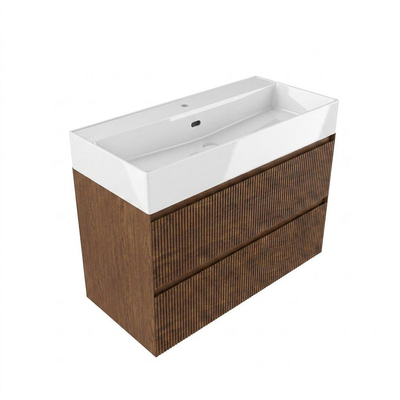 Saniclass Holz Atelier Ensemble meuble de salle de bains - 100x45x72cm - lavabo Legend en céramique blanc - 1 vasque - 1 trou de robinetterie - 2 tiroirs - noyer pur mat (bois)