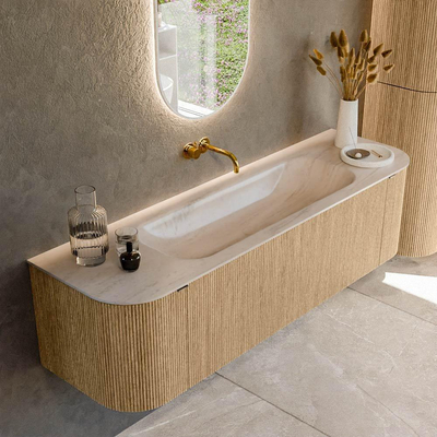 MONDIAZ KURVE-DLUX 160cm badmeubel ronding Links + Rechts kleur Oak met 1 lade en 2 deuren. Wastafel BIG MEDIUM Midden zonder kraangat Meli.
