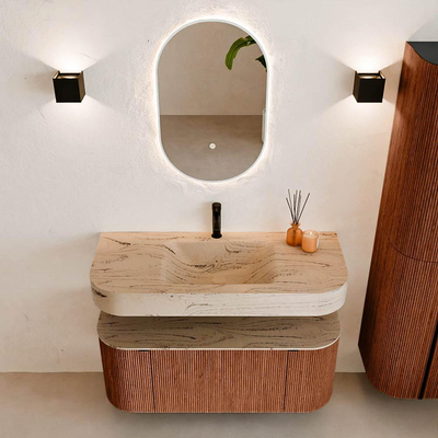 MONDIAZ THOR-DLUX Meuble de salle de bains 110cm arrondi gauche + droite couleur Ruby avec 1 tiroir et 2 portes. Vasque suspendue CLOUD Milieu 1 trou de robinet couleur Arena.