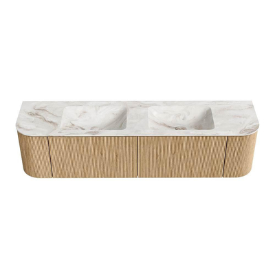 MONDIAZ KURVE-DLUX 180cm Meuble salle de bain avec module 25 G et D - couleur Oak - 2 tiroirs - 2 portes - vasque LEAF double - sans trou de robinet - couleur Frappe