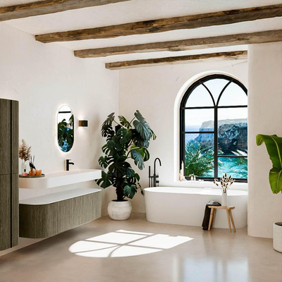 MONDIAZ THOR Meuble de salle de bains 160cm arrondi gauche + droite couleur Shadow avec 1 tiroir et 2 portes. Vasque suspendue CLOUD Droite 1 trou de robinet couleur Talc.