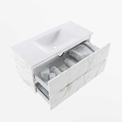 Mondiaz VICA ensemble de meuble de salle de bain - 100cm - meuble sous-vasque carrara - 2 tiroirs - lavabo cloud milieu - 1 trou de robinet - version haute de 60cm - talc