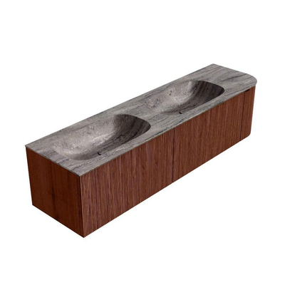 MONDIAZ KURVE-DLUX Meuble de salle de bains 175cm arrondi à droite couleur Ruby avec 2 tiroirs et 1 porte. Lavabo STOR SMALL Double / Gauche 2 trous de robinet Oza.