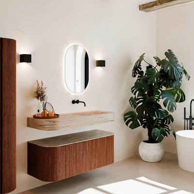 MONDIAZ THOR-DLUX 120cm meuble de salle de bains arrondi gauche + droite couleur Ruby avec 1 tiroir et 2 portes. Vasque suspendue CLOUD Droite sans trou de robinet couleur Arena.