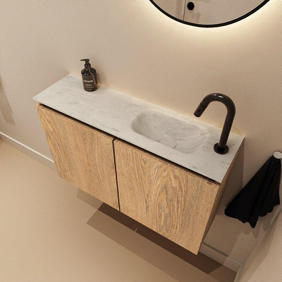 MONDIAZ TURE-DLUX Meuble WC 80cm Washed Oak. Lavabo EDEN Opalo position droite. Avec 1 trou de robinet.