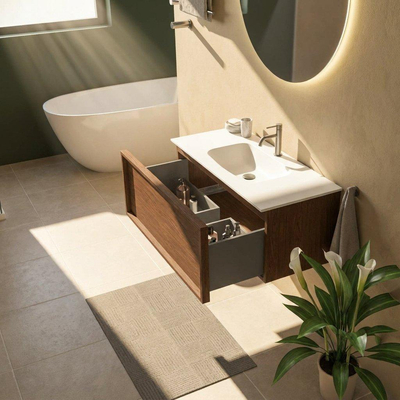 Saniclass Holz Frame Ensemble meuble de salle de bains - 100x45x41.5cm - lavabo Flow en Solid Surface blanc - 1 vasque - 1 trou de robinetterie - 1 tiroir - noyer pure mat (bois)