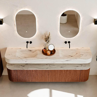 MONDIAZ THOR-DLUX 200cm badmeubel ronding links + rechts kleur Ruby met 2 lades en 2 deuren. Vrijhangende wastafel CLOUD Dubbel zonder kraangat kleur Nata.