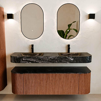 MONDIAZ THOR-DLUX 150cm meuble de salle de bains arrondi gauche + droite couleur Ruby avec 1 tiroir et 2 portes. Vasque suspendue CLOUD Double 2 trous de robinet couleur Lava.