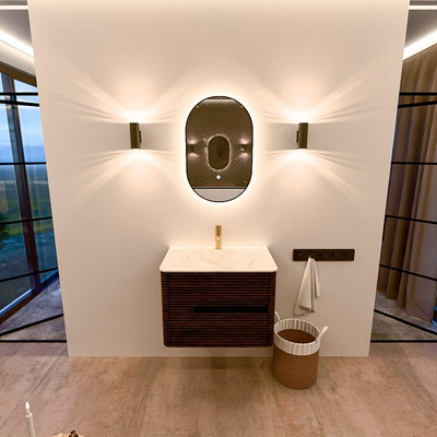 Mondiaz CIRO-DLUX Meuble de salle de bains ensemble - 70x45x50cm - Lavabo solid surface Ostra - 1 vasque au milieu - 1 trou de robinet - 2 tiroirs - Noyer