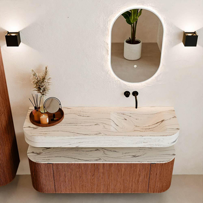 MONDIAZ THOR-DLUX 140cm meuble de salle de bains arrondi gauche + droite couleur Ruby avec 1 tiroir et 2 portes. Vasque suspendue CLOUD Droite sans trou de robinet couleur Nata.