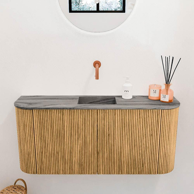 Mondiaz JOYA-DLUX Meuble de salle de bains 93,2cm - arrondis gauche et droite couleur Chêne - Vasque FAYE position Milieu Sans trou de robinet couleur Sombra