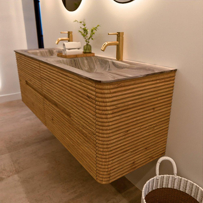 Mondiaz CIRO-DLUX Badkamermeubelset - 150x45x50cm - Solid surface wastafel Sombra - 2 wasbak Dubbel - 2 kraangaten - 4 lades - Oak