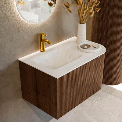 MONDIAZ KURVE-DLUX 75cm badmeubel met module 25 R kleur Walnut met 1 lade en 1 deur. Wastafel GRUNNE links 1 kraangat kleur Opalo.