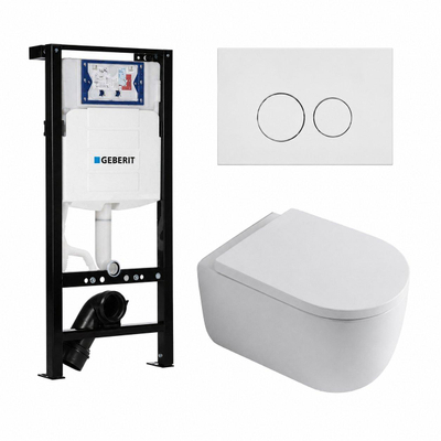 QeramiQ Dely Swirl Toiletset - 36.3x51.7cm - Geberit UP320 plieger inbouwreservoir - 35mm zitting - mat witte metalen bedieningsplaat - ronde knoppen - glans wit