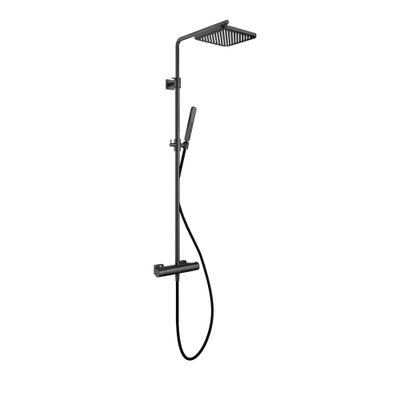 Hotbath Gal Thermostatische regendoucheset - met 22x22cm vierkante hoofddouche staafhanddouche - PVD - gunmetal geborsteld (antraciet)