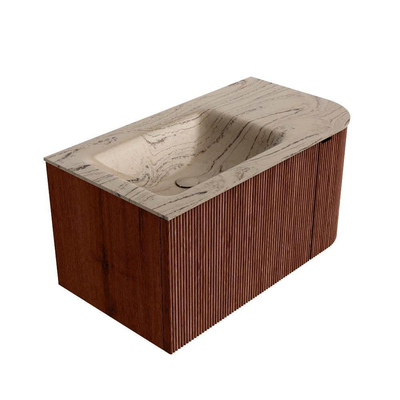 MONDIAZ KURVE-DLUX Meuble de salle de bains 85cm arrondi à droite couleur Ruby avec 1 tiroir et 1 porte. Lavabo CLOUD à gauche sans trou de robinet Arena.