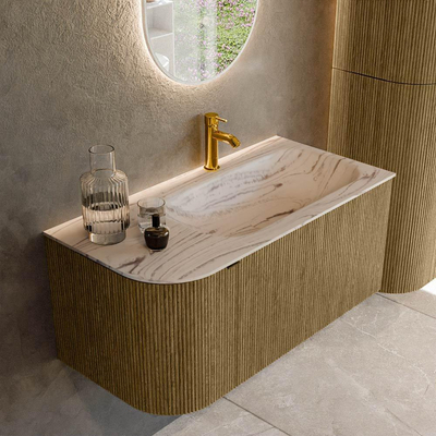 MONDIAZ KURVE-DLUX Meuble de salle de bains 95cm arrondi à gauche couleur Dusk avec 1 tiroir et 1 porte. Lavabo BIG SMALL à droite 1 trou de robinet Nata.