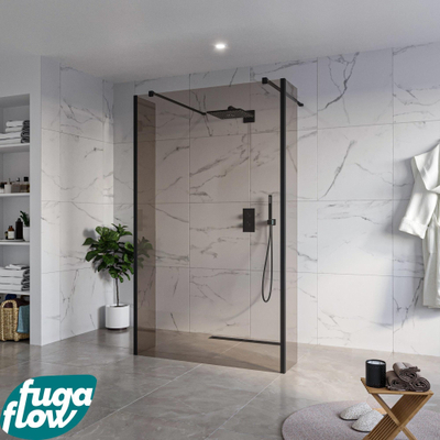 FugaFlow Eccelente Vetro Vrijstaande inloopdouche badkamer - 120x200cm - Rookglas - antikalk - 8mm veiligheidsglas - 2 zijwanden 30cm - met wandarmen en hoekprofielen - Zwart mat -