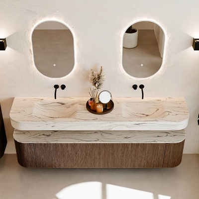 MONDIAZ THOR-DLUX 200cm meuble de salle de bains arrondi gauche + droite couleur Walnut avec 2 tiroirs et 2 portes. Vasque suspendue CLOUD Double sans trou de robinet couleur Nata.