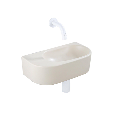 QeramiQ Fuente Fonteinset - 40x21.5x12cm - glad - halfrond - zonder kraangat - keramiek - fonteinkraan wit mat - afvoerplug - verlaagd sifon - beige