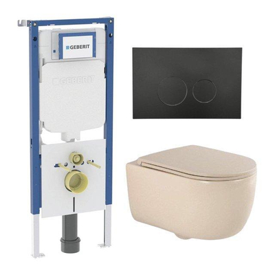 QeramiQ Dely Swirl Toiletset - 36.3x51.7cm - Geberit UP720 Duofix Sigma inbouwreservoir - slim zitting - mat zwarte metalen bedieningsplaat - ronde knoppen - beige
