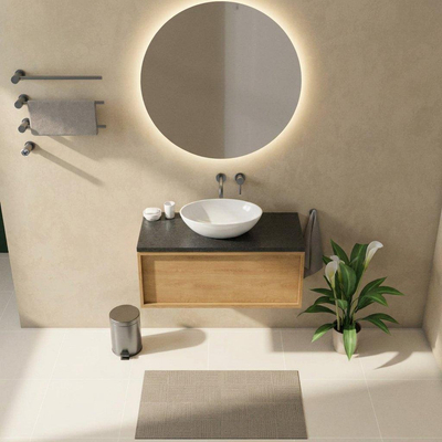 Saniclass Holz Frame Ensemble meuble de salle de bains - 100x45x43cm - plan vasque en basalte Noche poli (noir) - sans trou de robinet - 1 tiroir - chêne natural mat (bois)