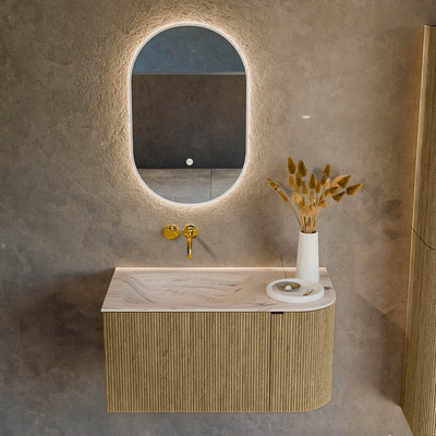 MONDIAZ KURVE-DLUX 85cm badmeubel ronding Rechts kleur Dusk met 1 lade en 1 deur. Wastafel CLOUD Links zonder kraangat Nata.