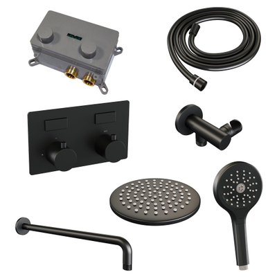 BRAUER Black Edition Douche de pluie encastrée thermostatique - boutons-poussoirs - SET 57 - douche de tête 20 cm - bras mural courbé - douchette 3 jets - flexible de douche - coude de raccordement mural - noir mat