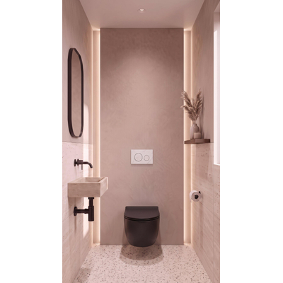 QeramiQ Dely Toiletset - inbouwreservoir Qeramiq Flush - 35mm zitting - natuursteen wit marmeren bedieningsplaat - ronde knoppen - mat zwart